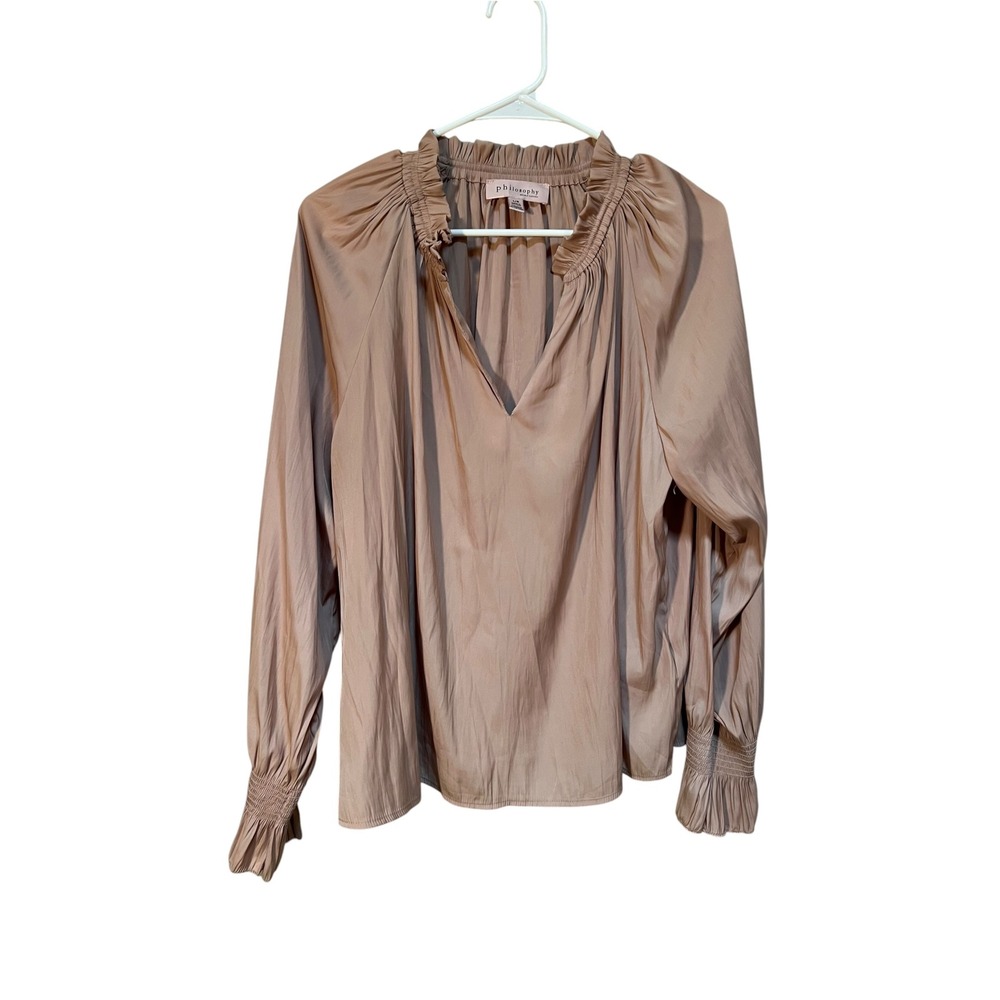 Philosophy Women's Size Large Satin Peasant Blouse Split Neck Ruffle Dusty Beige